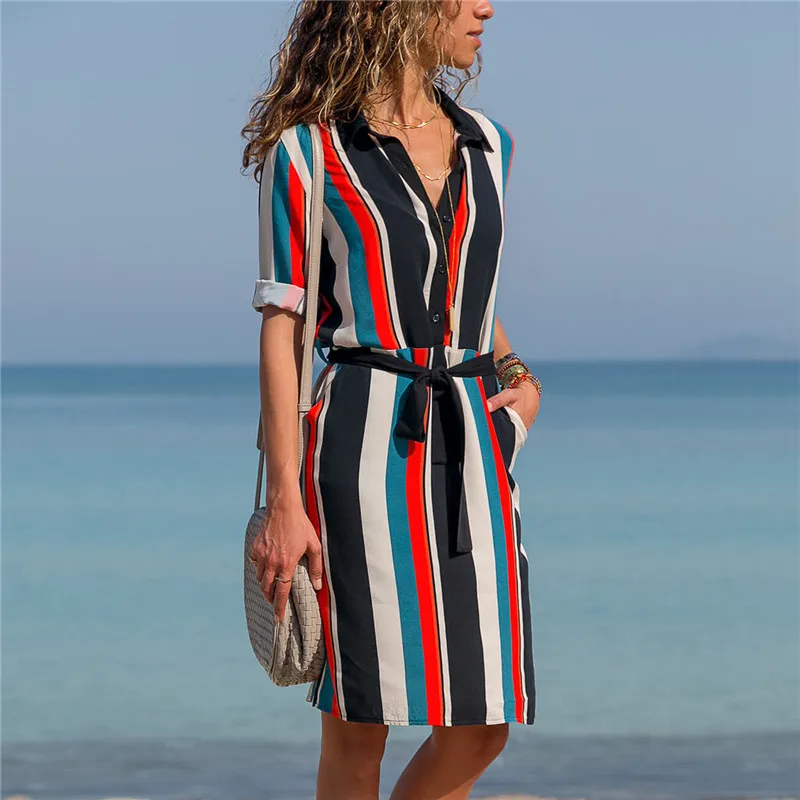 2019 Fashion Women Summer Dresses Casual Striped  A Line Short Dress