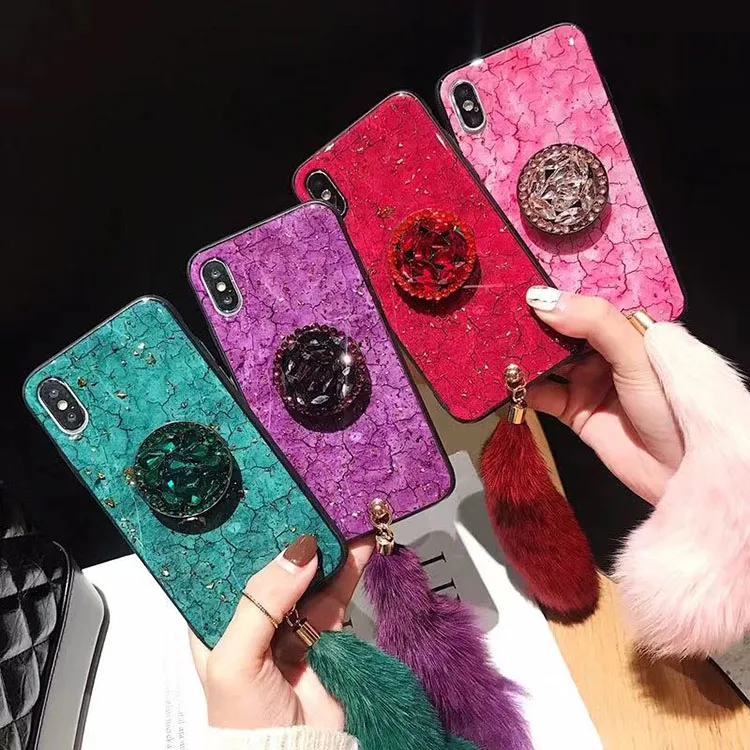Golden Foil Marble Fox Fur Tail Mobile Phone Cover For Iphone Xs