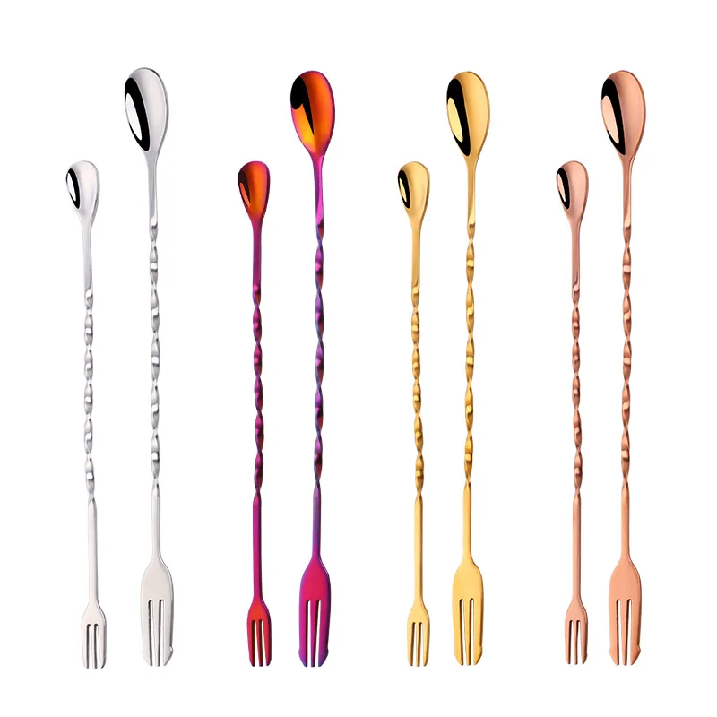 

Plated colors Stainless Steel Long Twisted Mixing Spoon With Fork Stirrer Swizzle Stick Cocktail Bar Spoon, Black,gold ,rosegold,silver