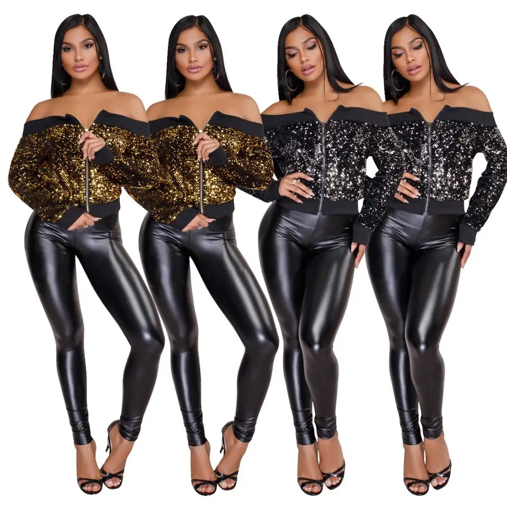 

Women's Fashion sexy off shoulder strapless sequins jacket