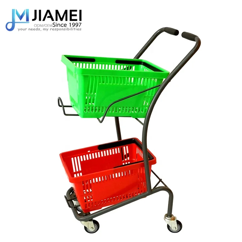 JIAMEI 45L Plastic Personal 2-tier Shopping Rolling Cart With 2 Baskets 