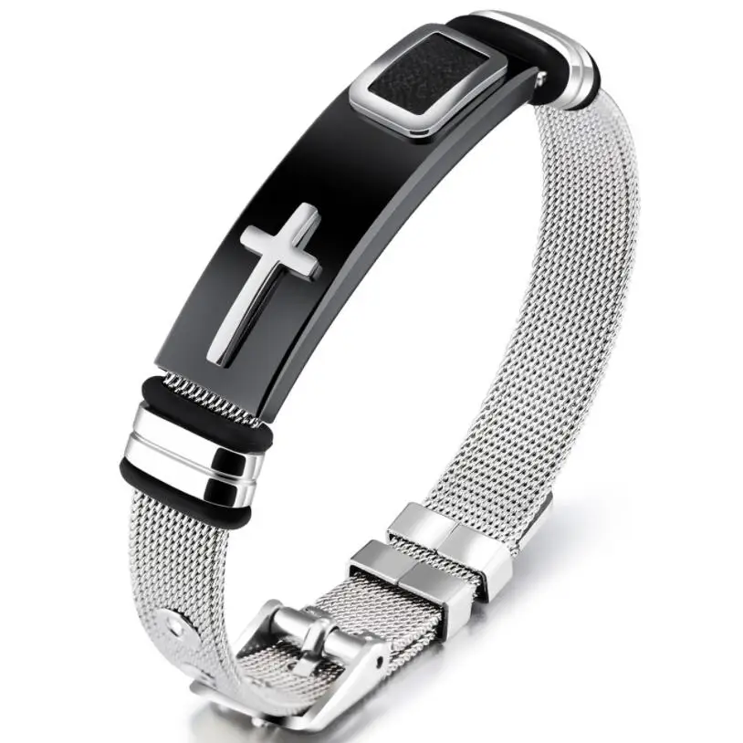 

Fashion steel mesh belt with gold cross titanium steel men's personality bracelet adjustable