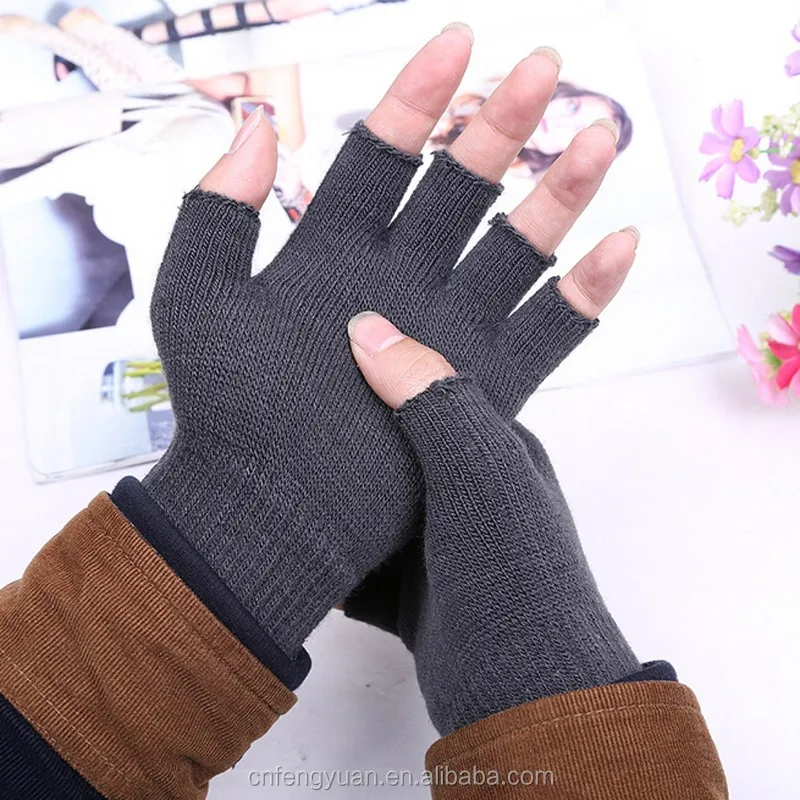 Unisex Mens Womens Ladies Fingerless Ribbed Knitted Wooly Winter Gloves