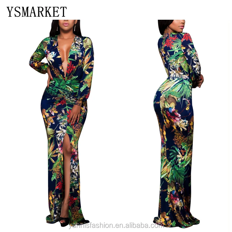 

New Sexy Maxi Dress Plus Size Women Split Long Sleeve Print Autumn Deep-V floral Dresses Vintage Bodycon Dress Vestidos, N/a