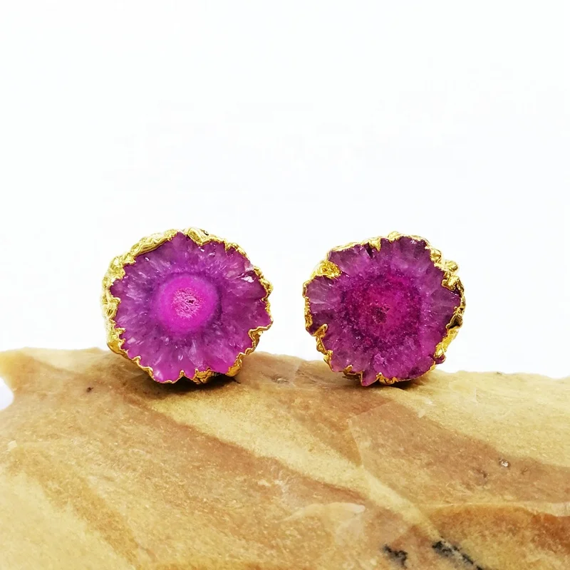 

Wholesale Pretty Minimalist Gold Plated Natural Pink Earring Genuine Druzy Solar Big Size Gemstone Free Form Cute Stud Earrings, Pink stud earrings
