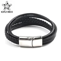 

OUMI Manufacturer Simple Stainless Steel Leather Rope Jewelry Magnetic Clasp Multilayer Bracelet For Mens&Womens