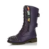 New Design Daily Military Lace Up Buckle Combat Boots Mid Knee High Exclusive Credit Card Pocket Front Studded Ladies Boots