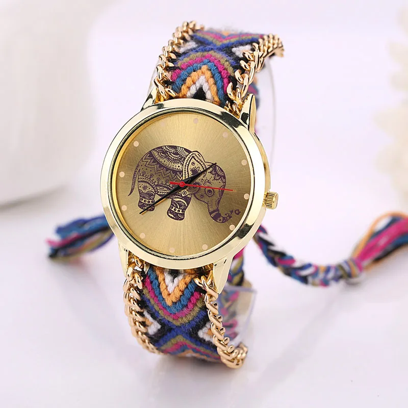 

Free Ship Fashion Weaved Rope Band Bracelet Dial Quartz Watch Women 2017 Brand Luxury Famous Elephant Pattern Wristwatch Gift, N/a