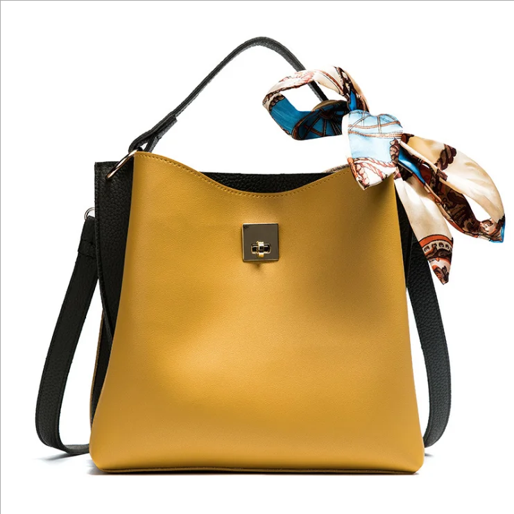 

2021 New Arrival PU Leather Korean Bags Women Tote Handbag Fashion Women Crossbody Handbag Bucket handbag with Scarf