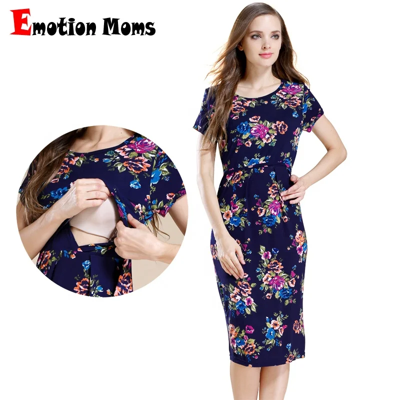 

Stock Wholesale Summer Floral Maternity Dress Stretch Soft Rayon Pregnant Clothes Short Sleeve Breastfeeding Nursing dress