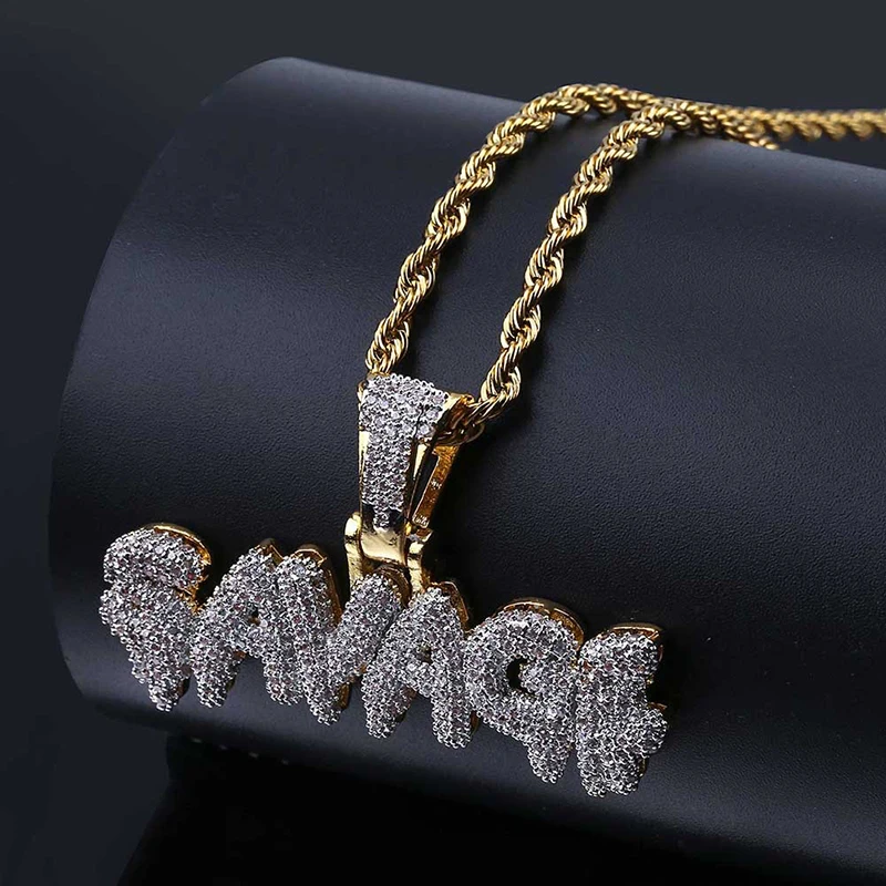 

Hip Hop Charm Necklace Brass Gold Iced Out Chains Micro Pave Cubic Zircon SAVAGE Pendant Necklace For Men (KHP014), As picture