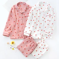 

Cartoon Cotton Sleepwear Heart Print Women pajamas long sleeve shirt Nightwear Set