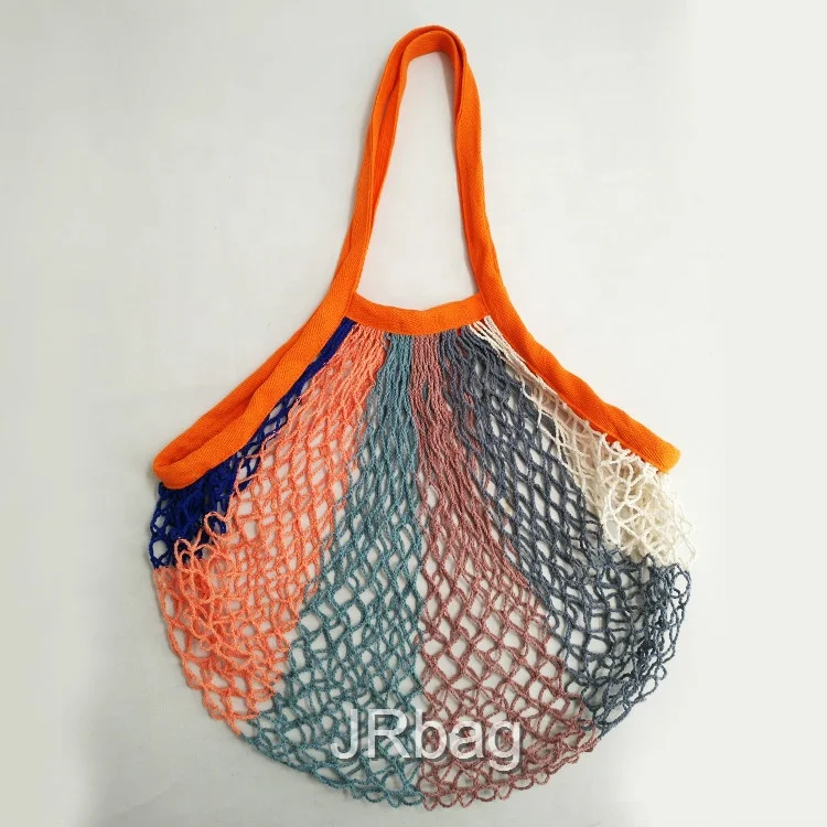 Customized 6 Colors Net Shopping Bag Cotton Market String Reusable Net Shopping Tote Bag with Long Handles Mesh Fruit Vegetables