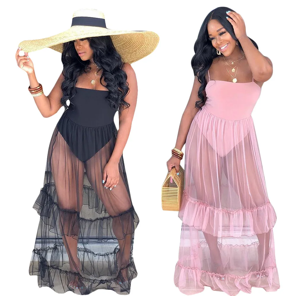 FM-S3585 Sexy Spaghetti Strap Mesh Sheer Patchwork Club Party Women Beach t shirt Bra  Dress