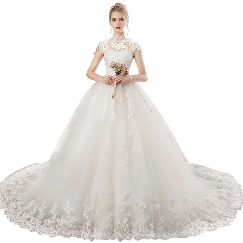 

2019 Fashion high neck Vestido De Novia mermaid long train ivory sweetheart wedding dress ball gown