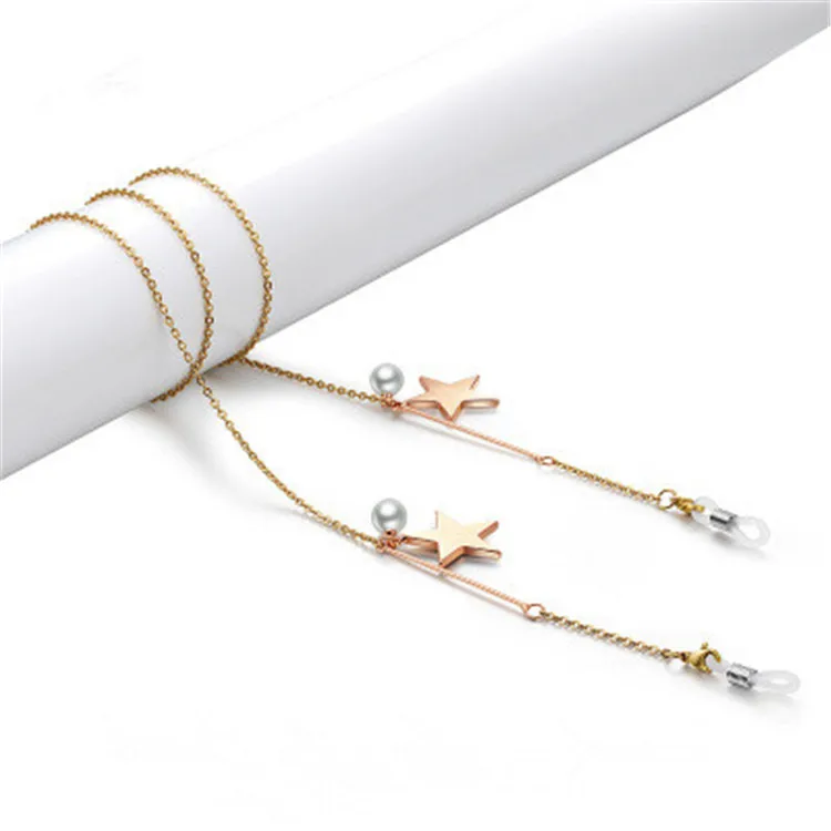 

Luxury Design Stainless Steel Pentagram Plated Rose Gold Pearls Glasses Chain Accessories