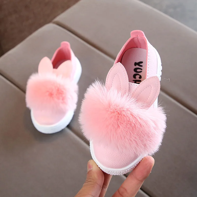 

Wholesale rabbit ears furry fancy cute cartoon children footwear shoes, White/pink/green