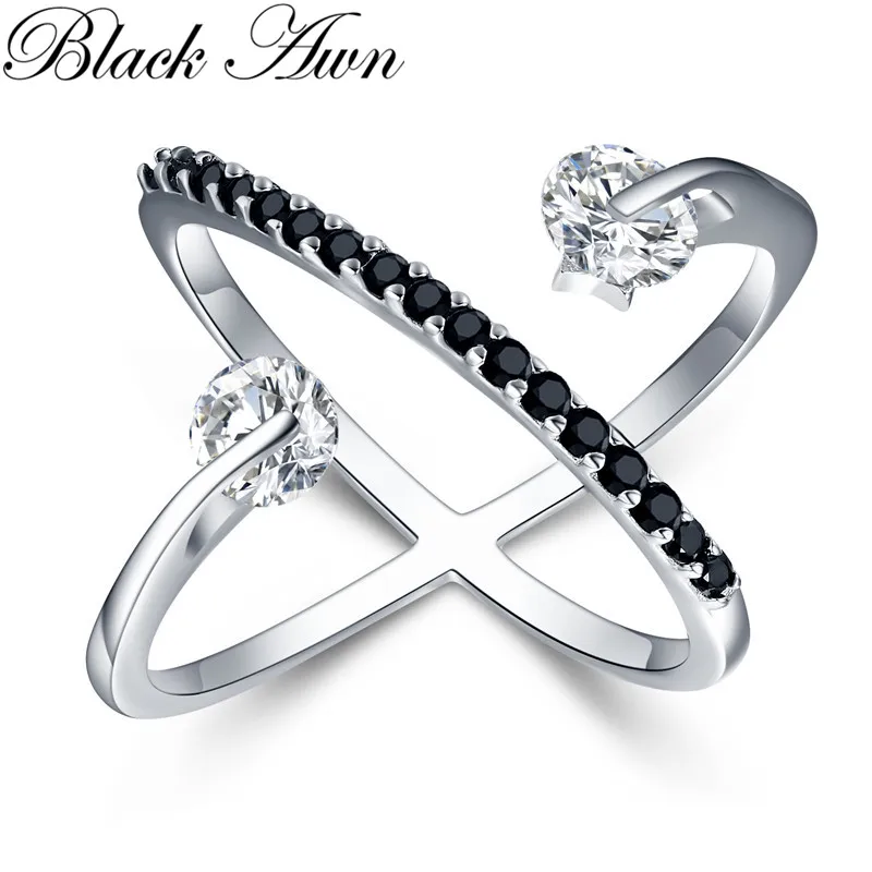 

[BLACK AWN] Solid 925 Sterling Silver Rings for Women Black Spinel Elegant Engagement Finger Ring Sterling Silver Jewelry G044