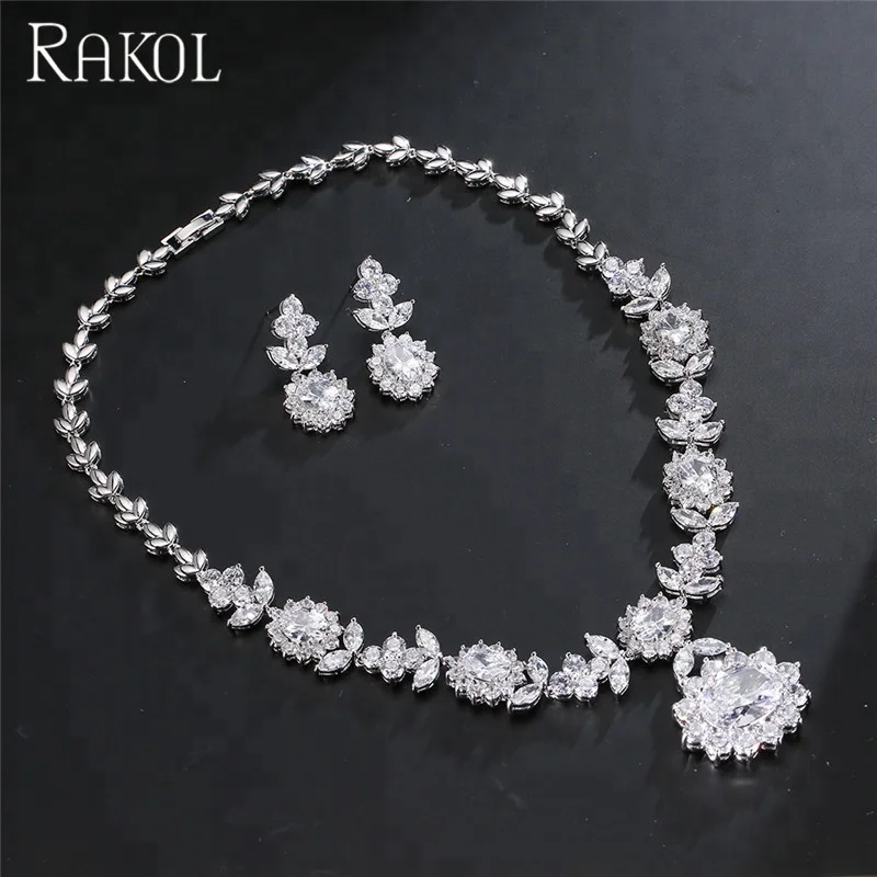 

RAKOL SP112 Wedding Party Gift CZ Zircon sun flower shape pendant Necklace Jewelry Set S112, As picture