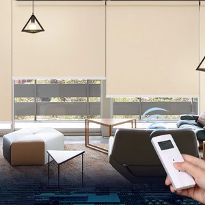 Image of solar panel battery powered automatic control motorized sunscreen roller blind