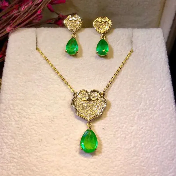 

18k gold South Africa real diamond natural green emerald earring necklace pendant jewelry set for women