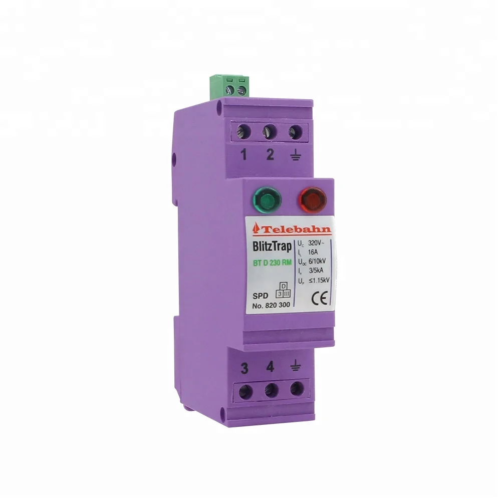 

Surge Protector Load Current 16A IP20 Class D Purple Enclosure Din Rail LED Indication Low Voltage 230V Ac CE Certification