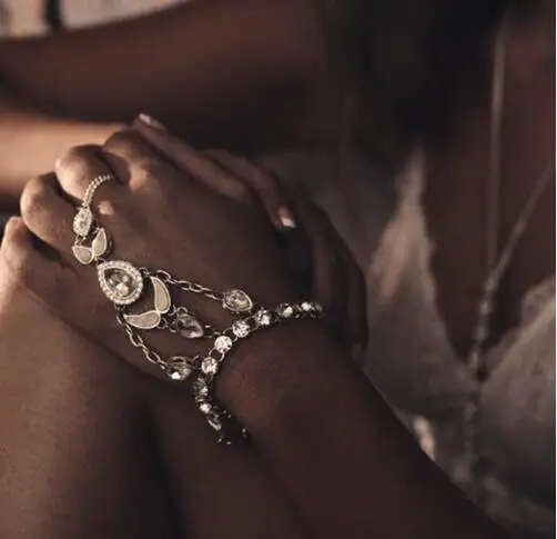 

Women Wedding Party Jewelry Punk Luxury Crystal Rhinestone Ring Bracelet, Gold,silver