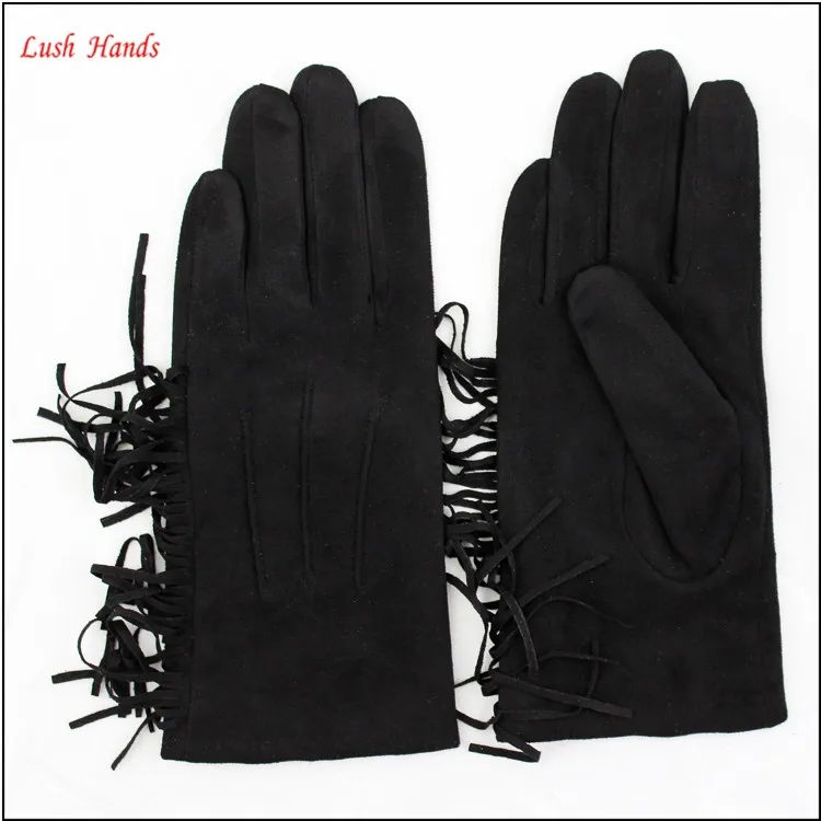 Sexy women leather fashion faux suede glove with tassels