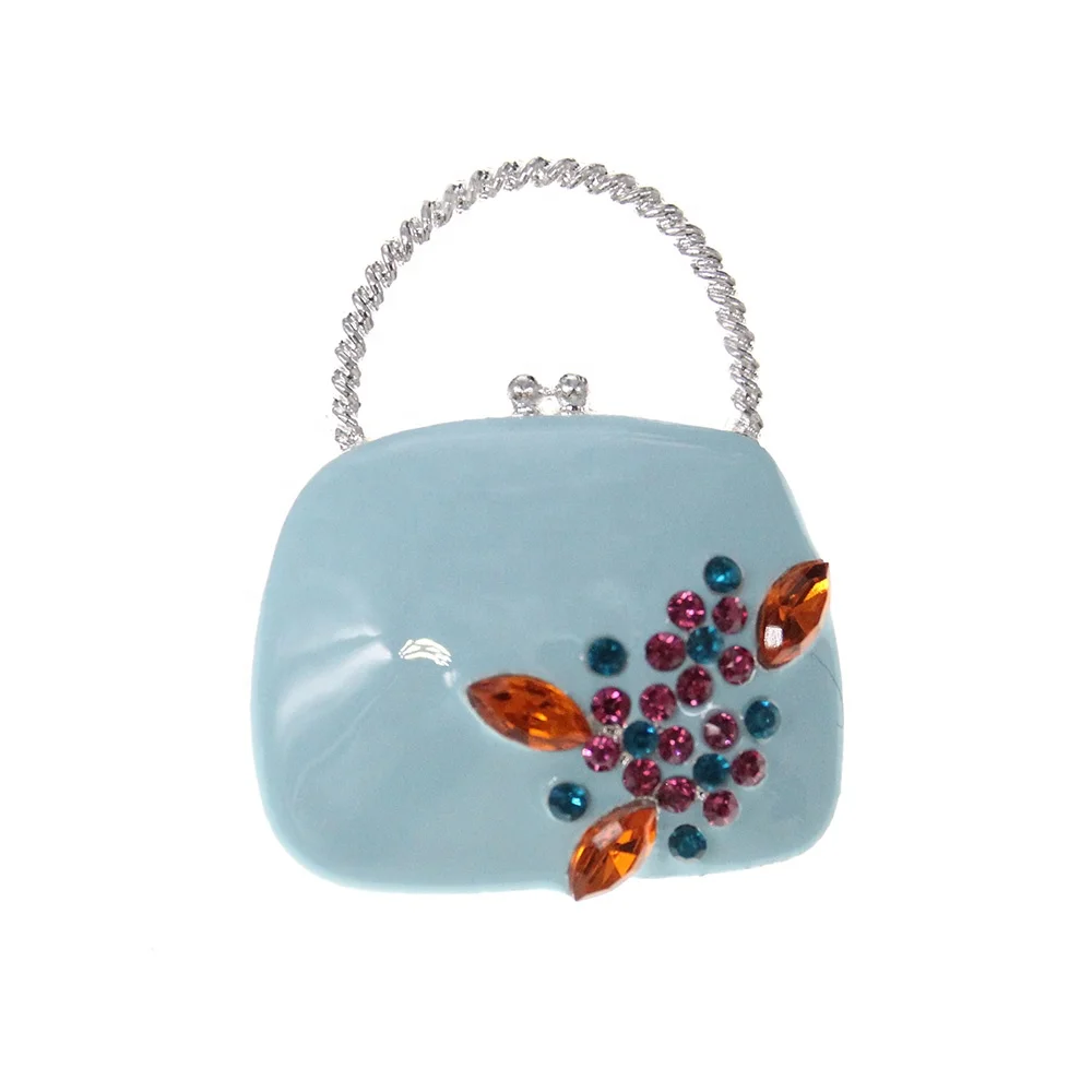 

Valentine's Day Gift Silver Tone Alloy Acrylic Bag Shape Brooch Pin Rhinestone Handbag Lapel Pin For Women, As picture