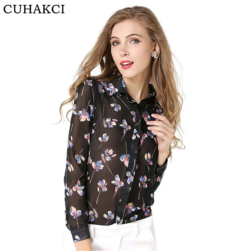 

CUHAKCI Spring New Fashion Women Long Sleeve Chiffon Shirt Printed Floral Blouse Design Tops Loose Plus size, Black, green, beige