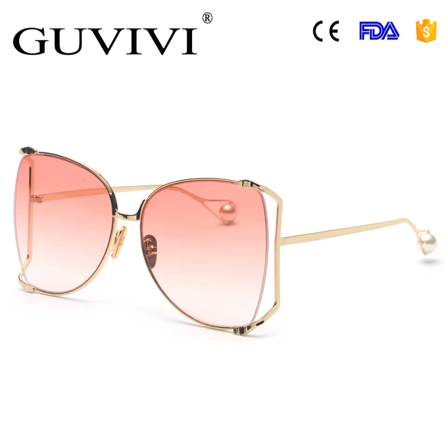 

Guvivi Sunglasses uv400 hollow High quality pearl metal oversize Sunglasses women