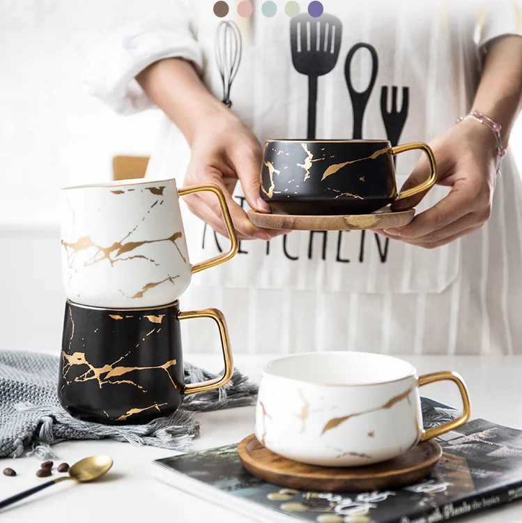 

Home goods fancy gold handle marble coffee tea ceramic mug with bamboo lid, Colorful