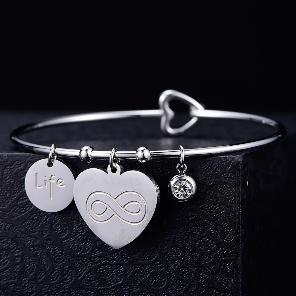 

Wholesale Heart Pendant Stainless Steel Bracelet Bangle for Women Simple Silver infinity Bracelet Fashion Jewelry Accessories