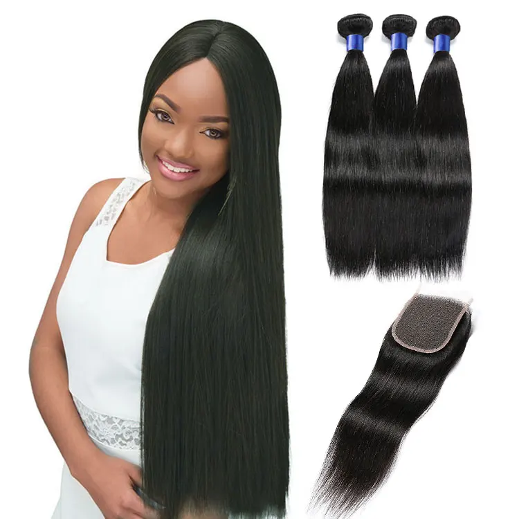 

100% Unprocessed Classic 3pieces Human Hair Weaves with Closure, #1b or as your choice