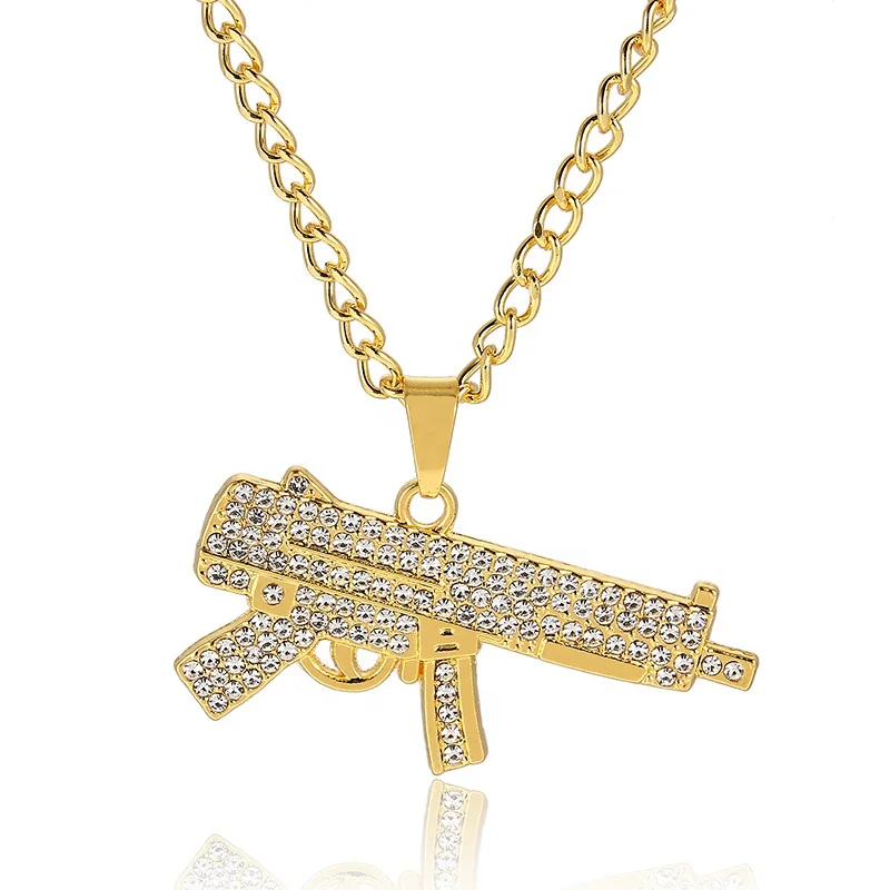 

HipHop Glitter Rhinestone Crown Submachine Gun Emoji Pendants Necklace Gold Long Twist Chain Necklace Jewelry For Woman Men