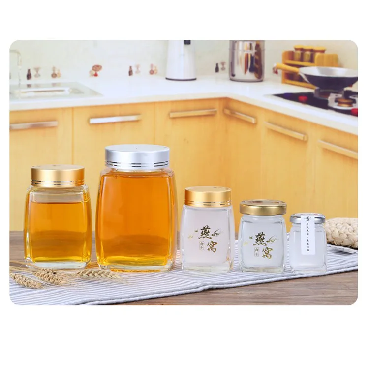 

Free sample lucid glass bottle bird's nest for food honey storage jars with lids, Transparent color/ clear color or customized