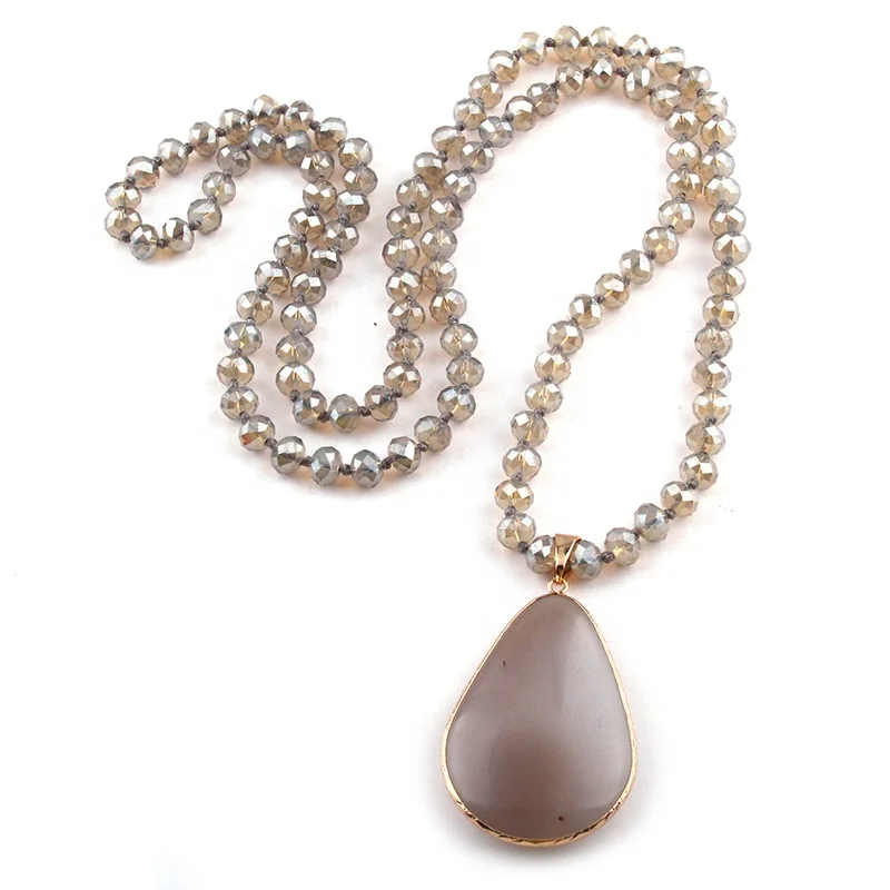 

Fashion Women Ethnic Necklace Bohemian Tribal Crystal Glass Long Knotted Necklace Stone Drop Charm Pendant Necklace jewelry