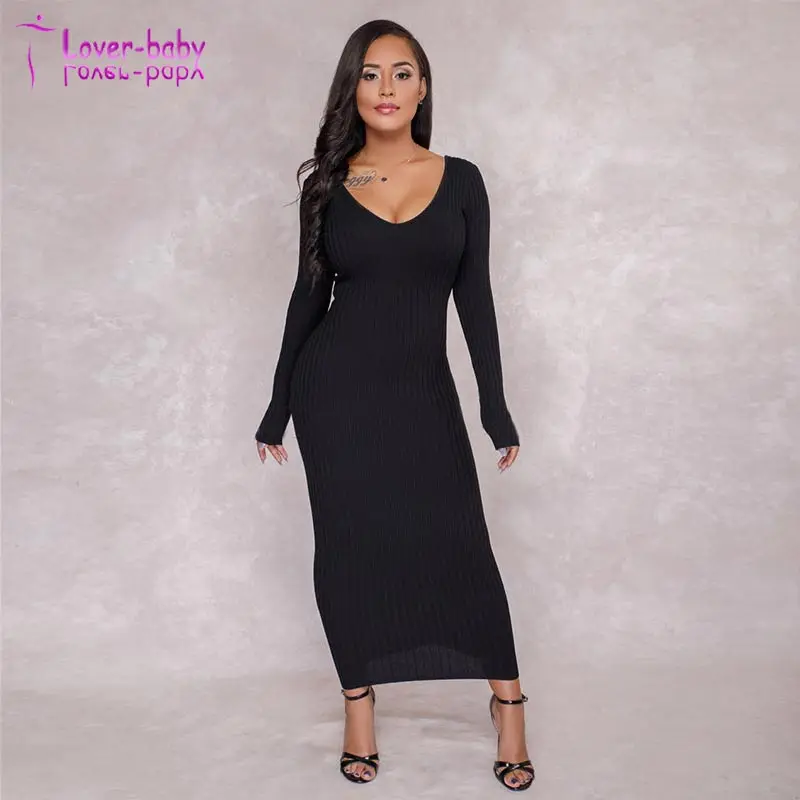 

2018 Fashion Wholesale Long Sleeve Bodycon Rib Knit Sweater Maxi Dress, N/a