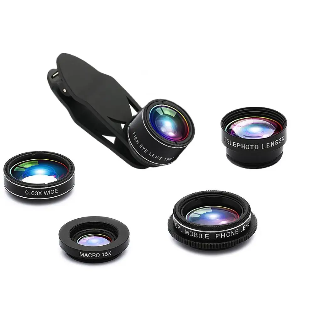 

Mobile camera Clip 5 In 1 Lens Kit Ultra Wide Angle Fisheye Lens with Macro Zoom Aukey Lenses, Black