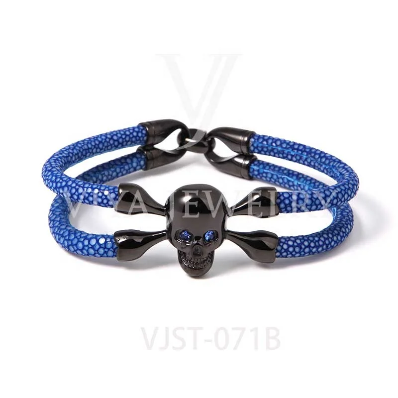 

DHL Free Shipping Viya jewelry Wholesale Pure Genuine Stingray/Python Leather Skull bracelet
