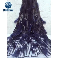 

2019 hot selling tulle lace 3d embroidered flower net lace fabric beaded with feather new fashion FL2768