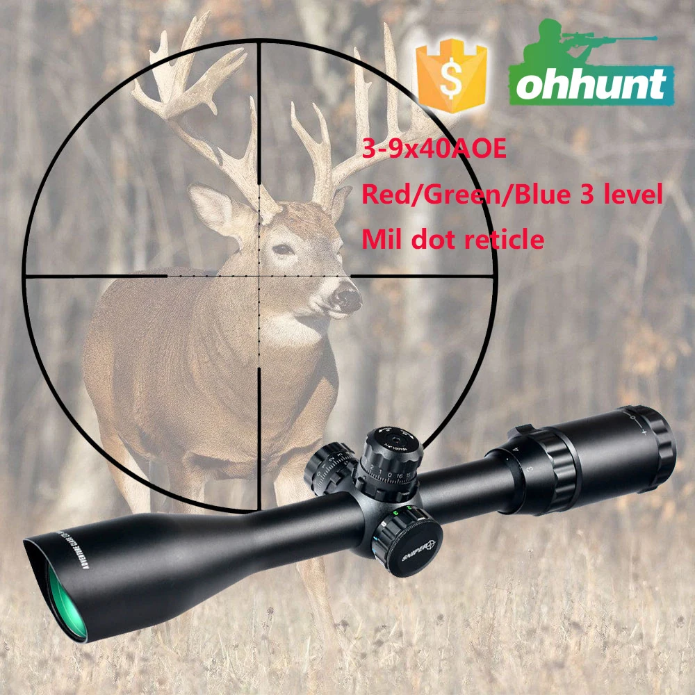 

Free Shipping Tactical Optics 3-9x40AOE Riflescope Red/green/blue 3 level illuminated reticle Sniper Rifle Scope for Hunting, Black