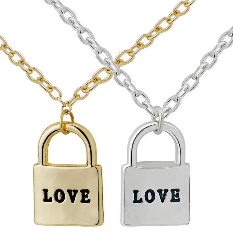 

European and American fashion accessories English lettering love" lock pendant women's personality necklace, Silver;gold