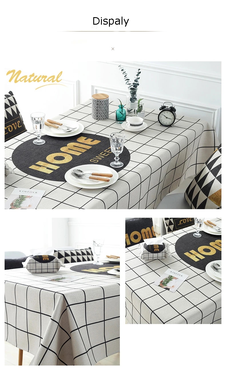 Simple eco Nordic black white plaid soft cotton and linen tablecloth
