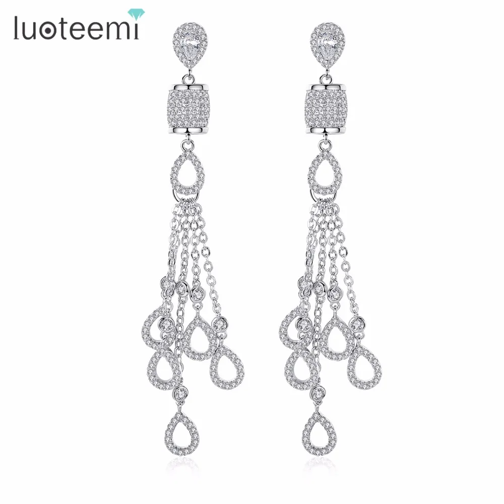 

LUOTEEMI Fashion White Gold Color Waterdrop Tassels Dangle Earrings with Tiny Cubic Zirconia Micro Paved Wedding Party Earrings