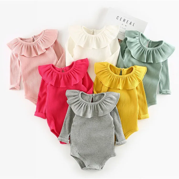 

100% cotton rib knitted long sleeve baby bodysuit blank infant romper clothing with flutter collar factory price, 4 stock color,others can custom