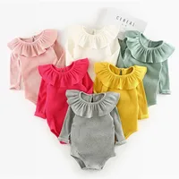 

100% cotton rib knitted long sleeve baby bodysuit blank infant romper clothing with flutter collar factory price