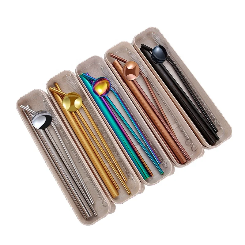 

Hot Sale 304 Stainless Steel Drinking straws set Reusable Metal Drinking Straw with spoon, box and brush, Silver/ gold/ rose gold/ black/ rainbow