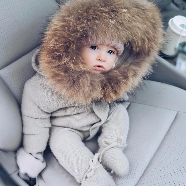 Baby Rompers Winter Clothes Newborn Baby Boy Girl Knitted Sweater Jumpsuit raccoon Fur Hooded Kid Toddler Outerwear