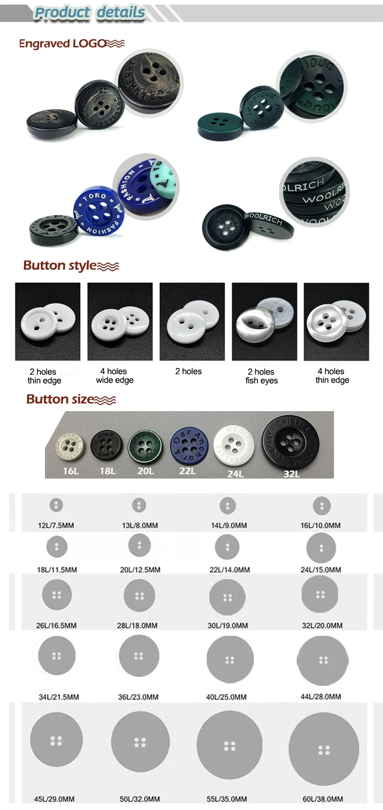 Custom laser logo 2 holes garment Round plastic Buttons for Clothing